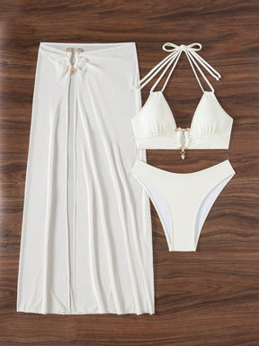 Swim SXY Conjunto de Maiô Bikini e Saída de Praia Feminino Verão Sólido Halter com Amarração, Sexy, com Saia de Cobertura, Traje de Férias