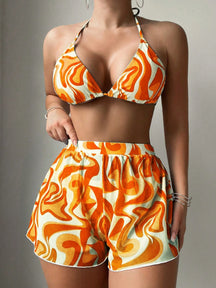 Swim Vcay 3 peças/Conjunto Maiô Bikini Impresso Aleatório para Praia/Férias