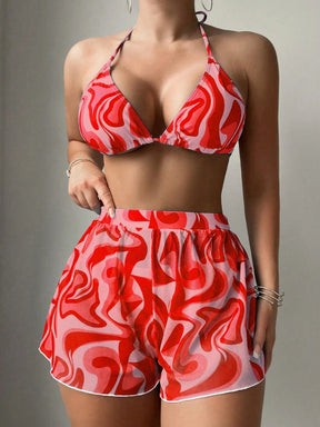 Swim Vcay 3 peças/Conjunto Maiô Bikini Impresso Aleatório para Praia/Férias