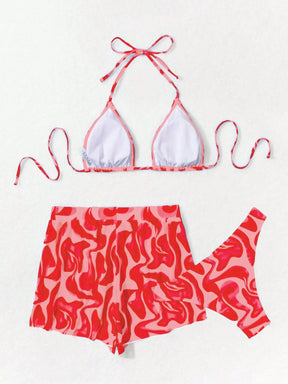 Swim Vcay 3 peças/Conjunto Maiô Bikini Impresso Aleatório para Praia/Férias