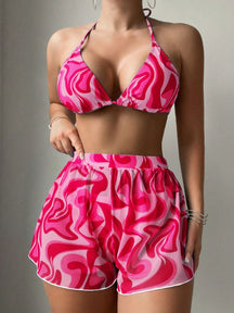 Swim Vcay 3 peças/Conjunto Maiô Bikini Impresso Aleatório para Praia/Férias