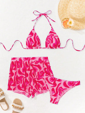 Swim Vcay 3 peças/Conjunto Maiô Bikini Impresso Aleatório para Praia/Férias