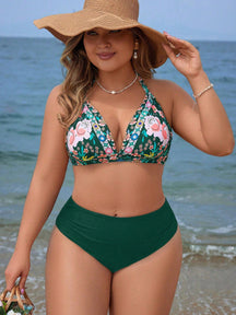 Swim Vcay Conjunto De Biquíni Feminino Plus Size Com Estampa Floral E Gola Halter Com Amarração Na Parte Inferior Lateral