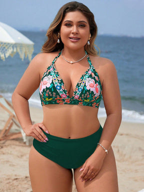 Swim Vcay Conjunto De Biquíni Feminino Plus Size Com Estampa Floral E Gola Halter Com Amarração Na Parte Inferior Lateral