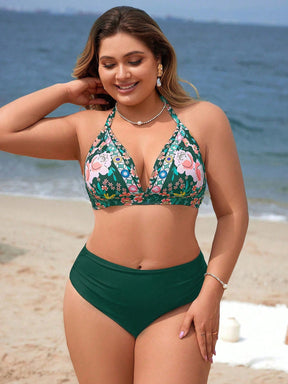 Swim Vcay Conjunto De Biquíni Feminino Plus Size Com Estampa Floral E Gola Halter Com Amarração Na Parte Inferior Lateral