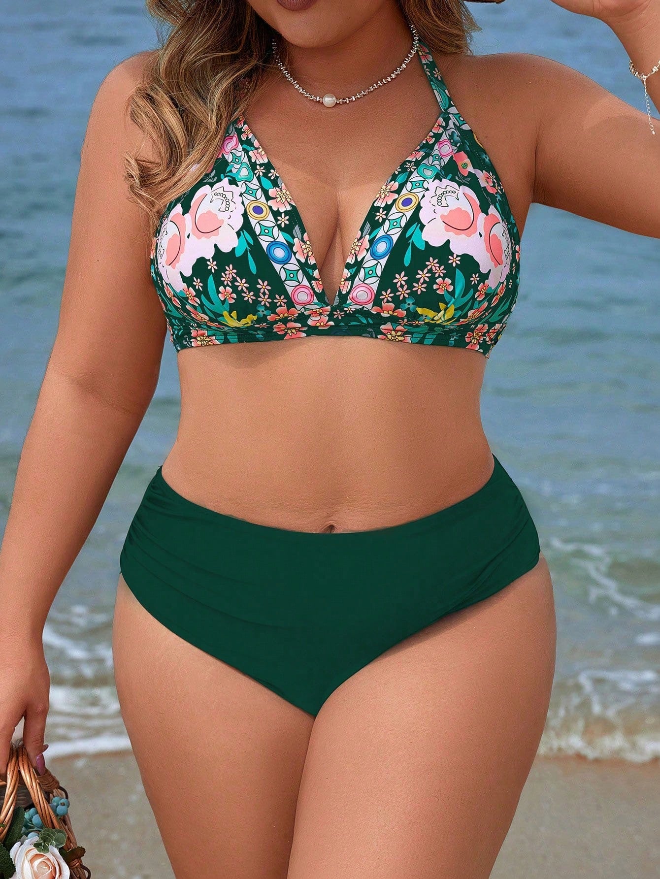 Swim Vcay Conjunto De Biquíni Feminino Plus Size Com Estampa Floral E Gola Halter Com Amarração Na Parte Inferior Lateral