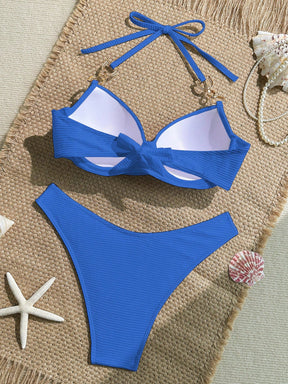 Swim Lushoire 2 Peças Conjunto de Maiô Bikini com Top em Tecido Canelado com Alça de Apoio e Sunga Regular de Estilo de Férias