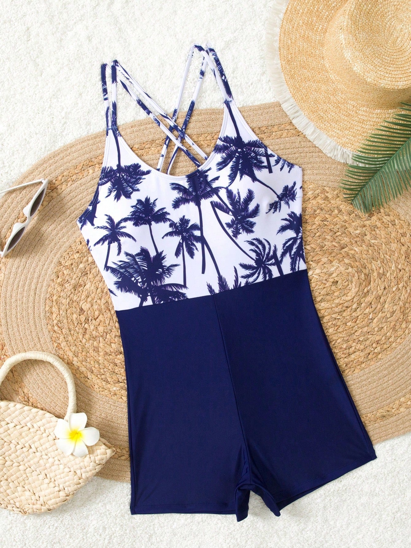 Swim Lushoire Coqueiro Estampado Cruzado Nas Costas Maiô Peça Única Carnaval