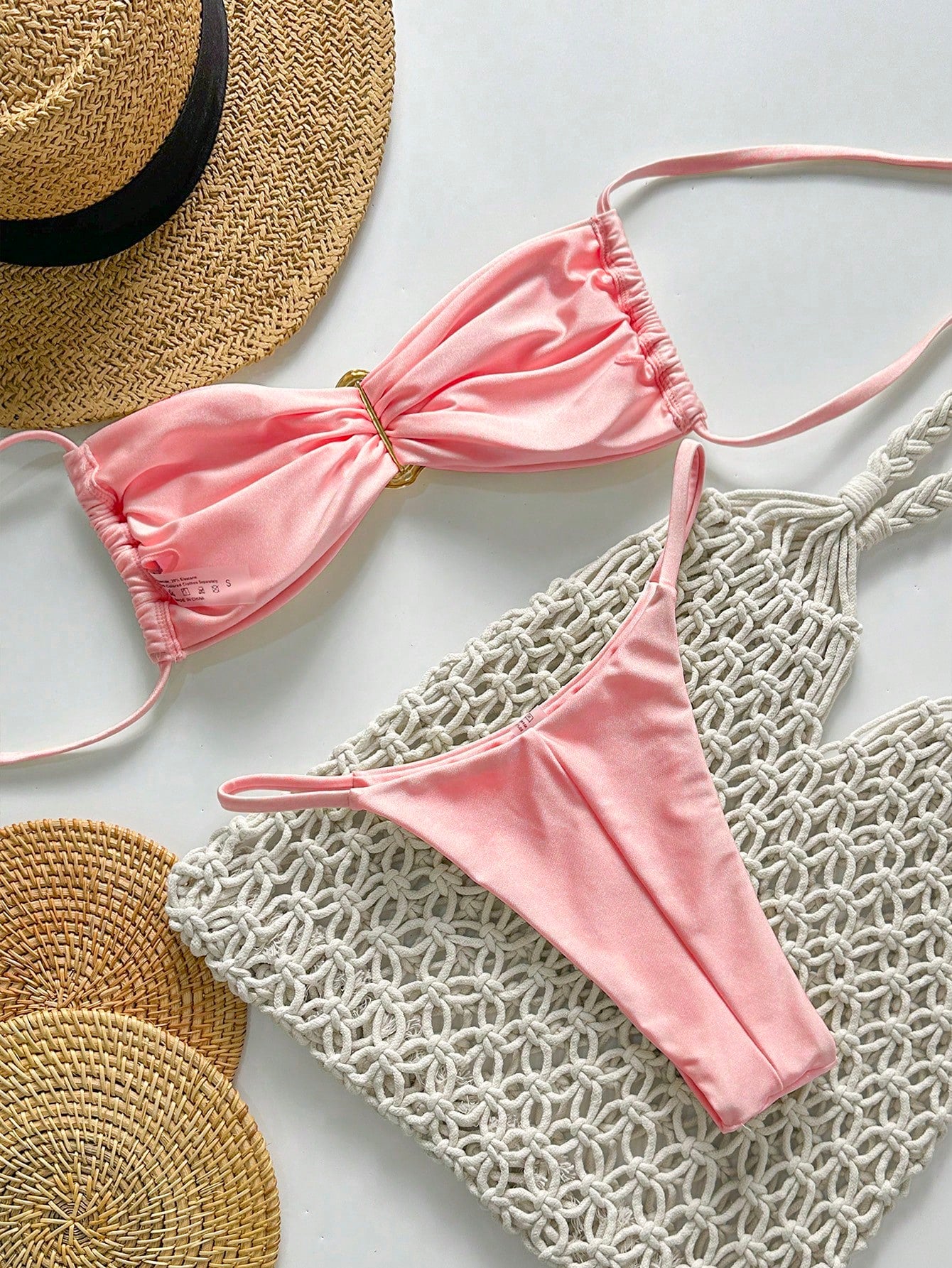 SHEIN Swim Conjunto de Maiô Bikini Feminino Strapless de Verão Solid Color com Amarração e Decoração Metálica, Sexy