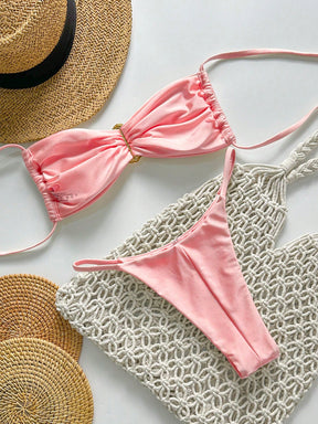 SHEIN Swim Conjunto de Maiô Bikini Feminino Strapless de Verão Solid Color com Amarração e Decoração Metálica, Sexy