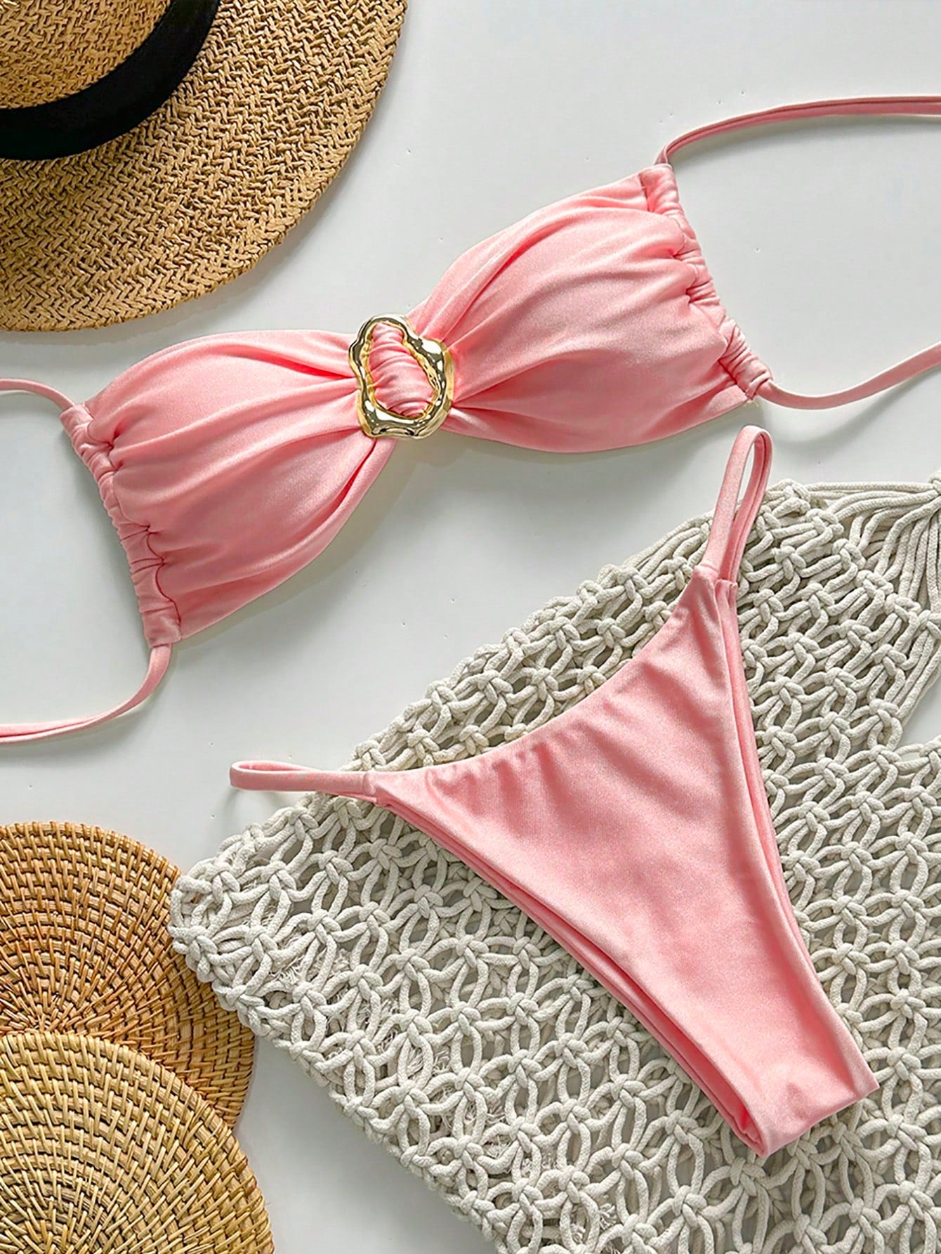 SHEIN Swim Conjunto de Maiô Bikini Feminino Strapless de Verão Solid Color com Amarração e Decoração Metálica, Sexy