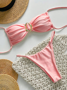 SHEIN Swim Conjunto de Maiô Bikini Feminino Strapless de Verão Solid Color com Amarração e Decoração Metálica, Sexy