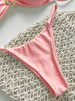 SHEIN Swim Conjunto de Maiô Bikini Feminino Strapless de Verão Solid Color com Amarração e Decoração Metálica, Sexy