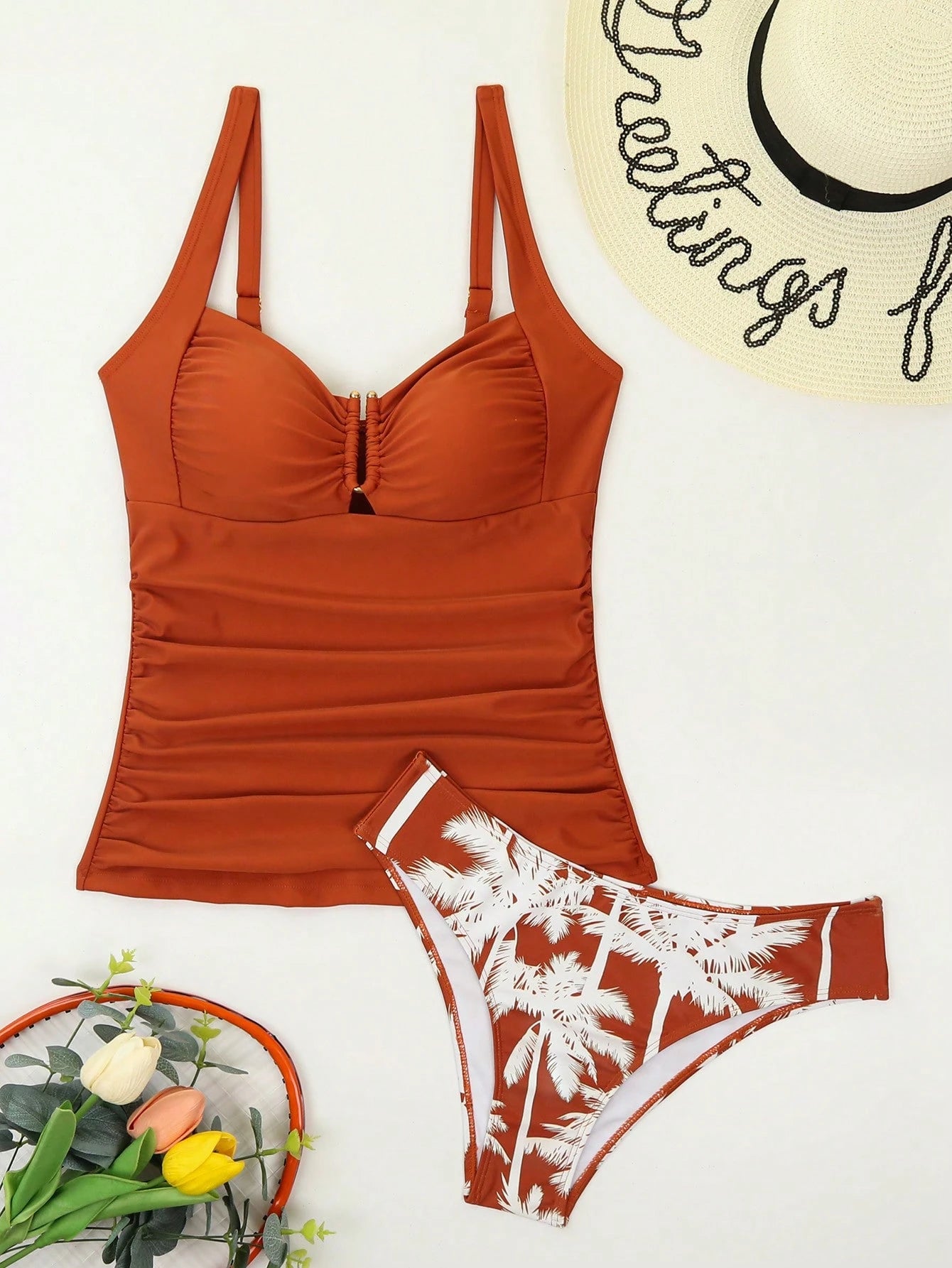 Swim Lushoire Conjuntos de Roupa de Praia Feminina, Colete, Camisole, Maiô Bikini, Elegante Estilo Retrô Férias 2 Peças, Decoração de Metal, Roupa de Praia de Verão