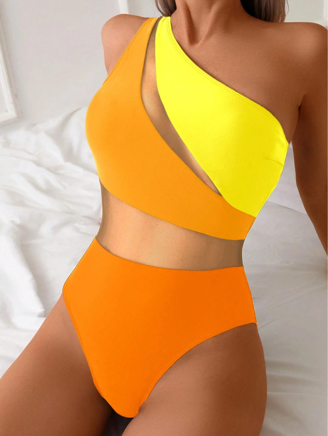 Swim Lushoire 1 Peça Maiô Estilo Spring Break Feminino, Cor Sólida com Recortes em Tela, Assimétrico com Ombro Único e Costas Abertas, Casual e Elegante para Férias e Natação
