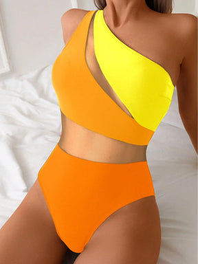Swim Lushoire 1 Peça Maiô Estilo Spring Break Feminino, Cor Sólida com Recortes em Tela, Assimétrico com Ombro Único e Costas Abertas, Casual e Elegante para Férias e Natação