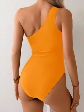 Swim Lushoire 1 Peça Maiô Estilo Spring Break Feminino, Cor Sólida com Recortes em Tela, Assimétrico com Ombro Único e Costas Abertas, Casual e Elegante para Férias e Natação