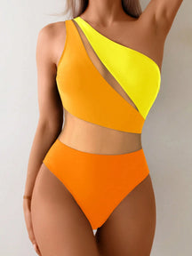 Swim Lushoire 1 Peça Maiô Estilo Spring Break Feminino, Cor Sólida com Recortes em Tela, Assimétrico com Ombro Único e Costas Abertas, Casual e Elegante para Férias e Natação
