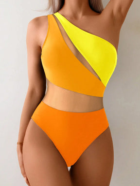 Swim Lushoire 1 Peça Maiô Estilo Spring Break Feminino, Cor Sólida com Recortes em Tela, Assimétrico com Ombro Único e Costas Abertas, Casual e Elegante para Férias e Natação
