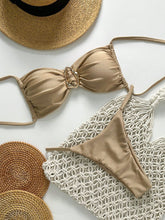 SHEIN Swim Conjunto de Maiô Bikini Feminino Strapless de Verão Solid Color com Amarração e Decoração Metálica, Sexy