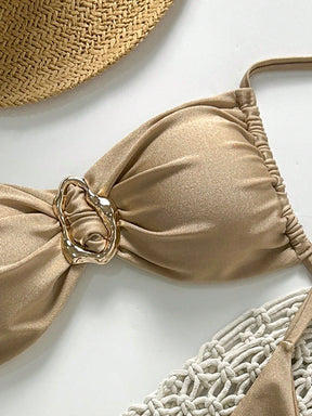 SHEIN Swim Conjunto de Maiô Bikini Feminino Strapless de Verão Solid Color com Amarração e Decoração Metálica, Sexy