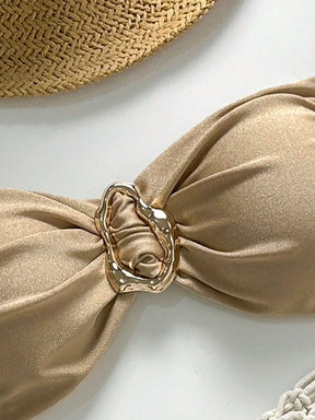 SHEIN Swim Conjunto de Maiô Bikini Feminino Strapless de Verão Solid Color com Amarração e Decoração Metálica, Sexy