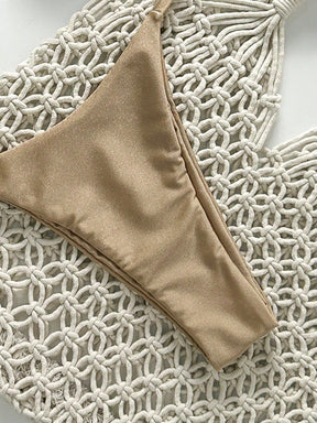 SHEIN Swim Conjunto de Maiô Bikini Feminino Strapless de Verão Solid Color com Amarração e Decoração Metálica, Sexy