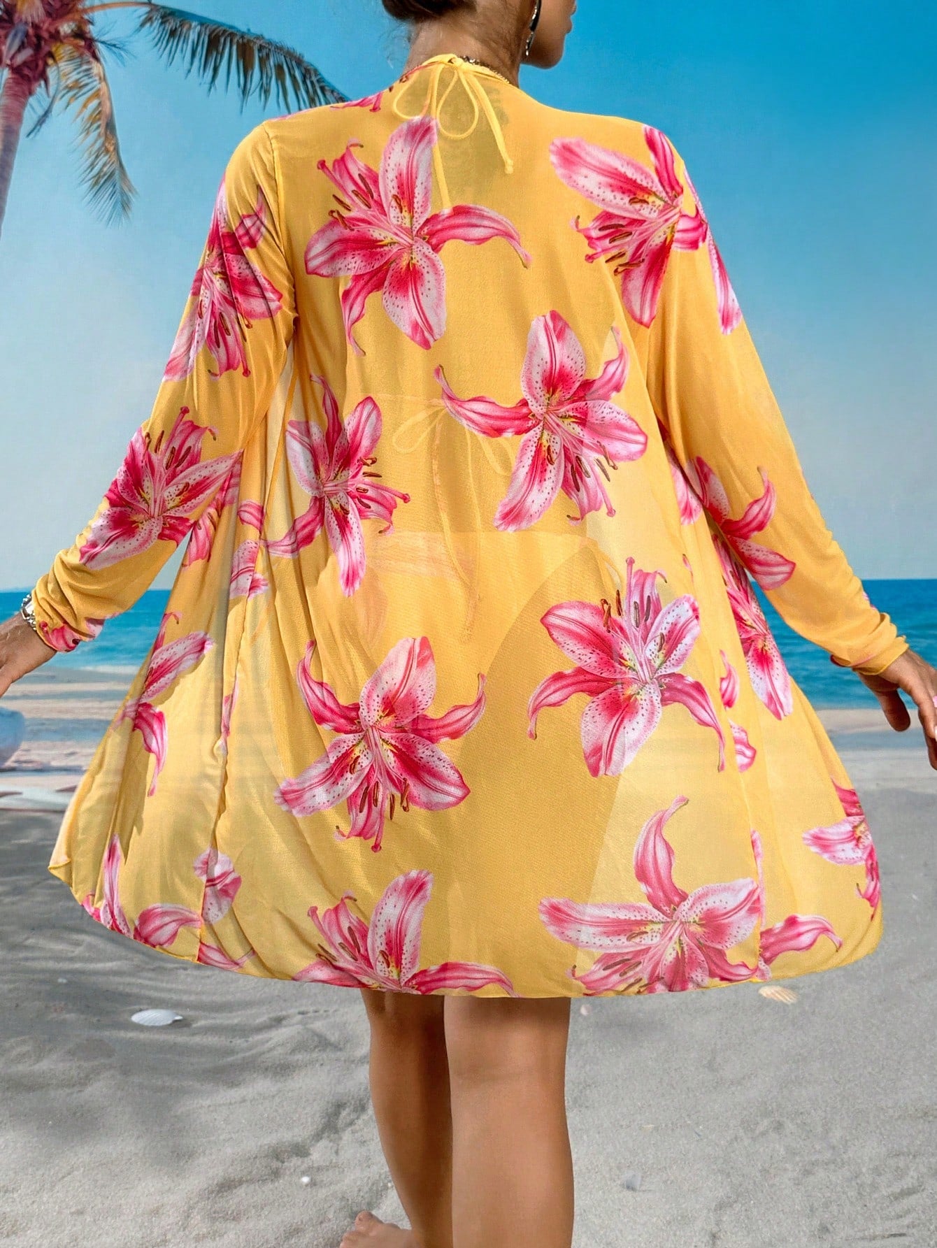 Swim Vcay Conjunto de biquíni malha impressão floral triângulo sutiã top & lado do laço bottom biquini & quimonos roupa de banho 3 peças