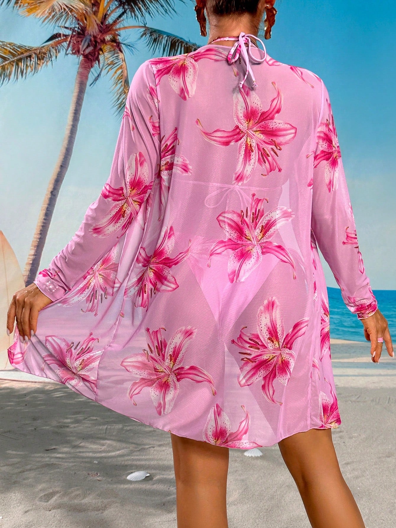 Swim Vcay Conjunto de biquíni malha impressão floral triângulo sutiã top & lado do laço bottom biquini & quimonos roupa de banho 3 peças