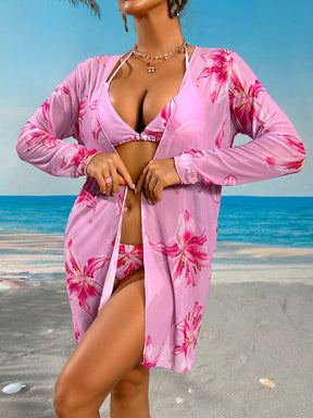 Swim Vcay Conjunto de biquíni malha impressão floral triângulo sutiã top & lado do laço bottom biquini & quimonos roupa de banho 3 peças