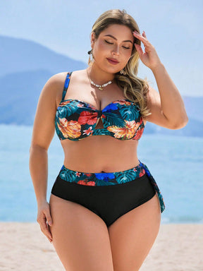 Swim Lushoire Conjunto com 2 Peças Estampa de Planta Tropical Aleatória para Mulheres Plus Size, Top Assimétrica com Babado e Maiô Bikini Triângulo de Cintura Alta, Traje de Banho Simples para Férias e Uso Diário