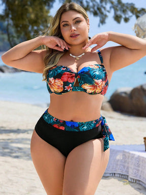 Swim Lushoire Conjunto com 2 Peças Estampa de Planta Tropical Aleatória para Mulheres Plus Size, Top Assimétrica com Babado e Maiô Bikini Triângulo de Cintura Alta, Traje de Banho Simples para Férias e Uso Diário