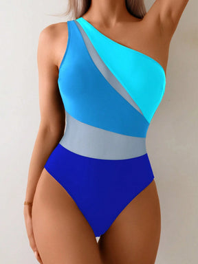 Swim Lushoire 1 Peça Maiô Estilo Spring Break Feminino, Cor Sólida com Recortes em Tela, Assimétrico com Ombro Único e Costas Abertas, Casual e Elegante para Férias e Natação