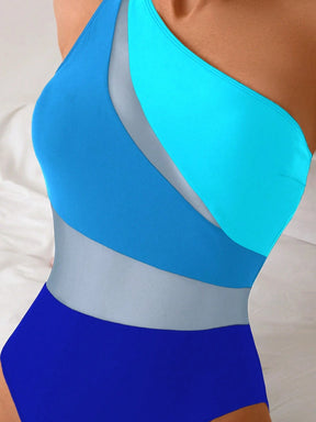 Swim Lushoire 1 Peça Maiô Estilo Spring Break Feminino, Cor Sólida com Recortes em Tela, Assimétrico com Ombro Único e Costas Abertas, Casual e Elegante para Férias e Natação