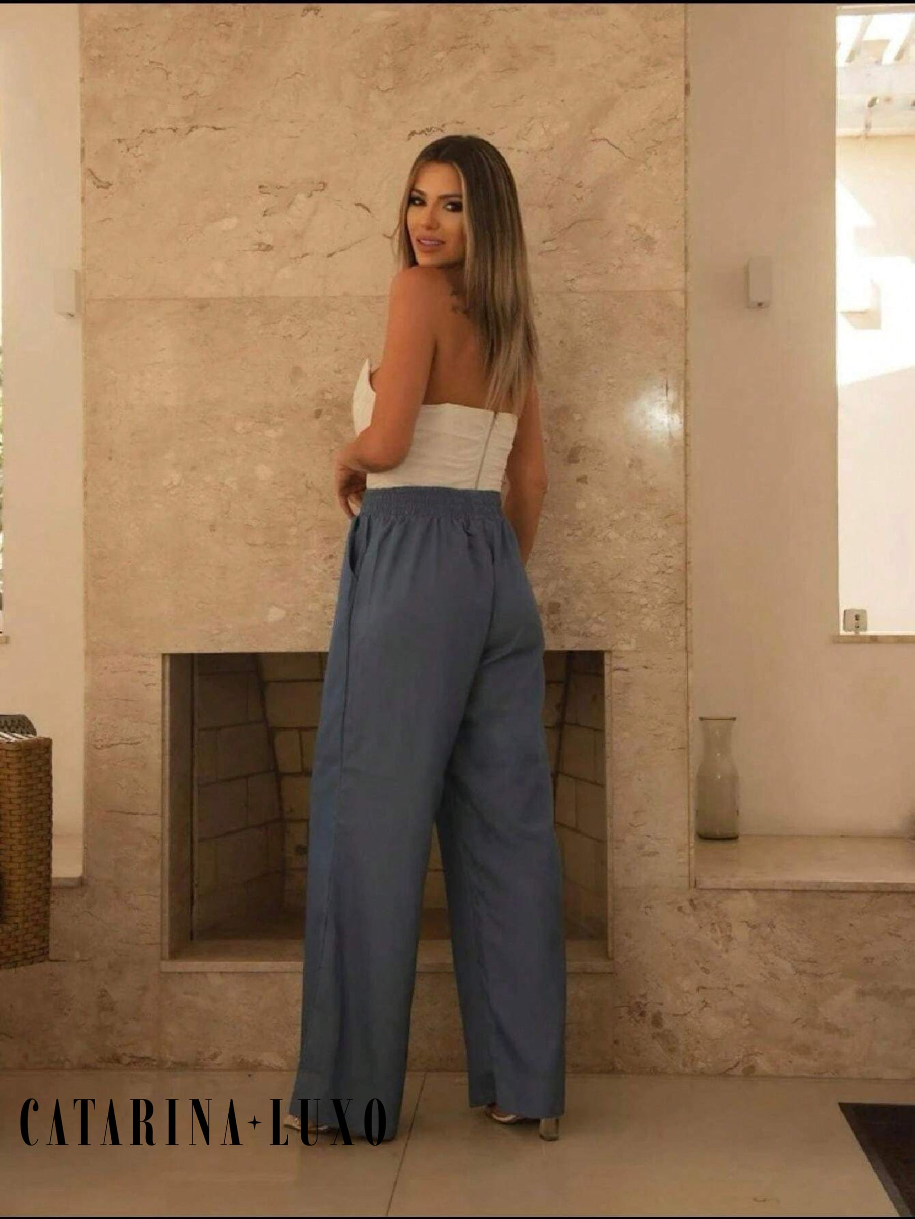 Calça Perna Larga Cintura Alta Com Elástico Bruna