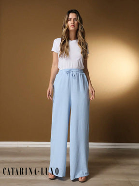 Calça Perna Larga Cintura Alta Com Elástico Bruna Azul Bebê / P