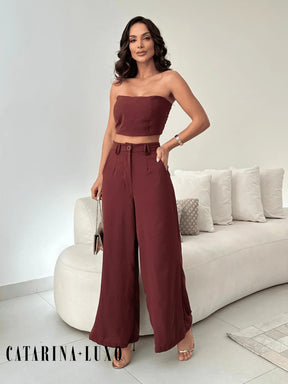 Conjunto Calça Pantalona E Cropped Tomara Que Caia Miriam