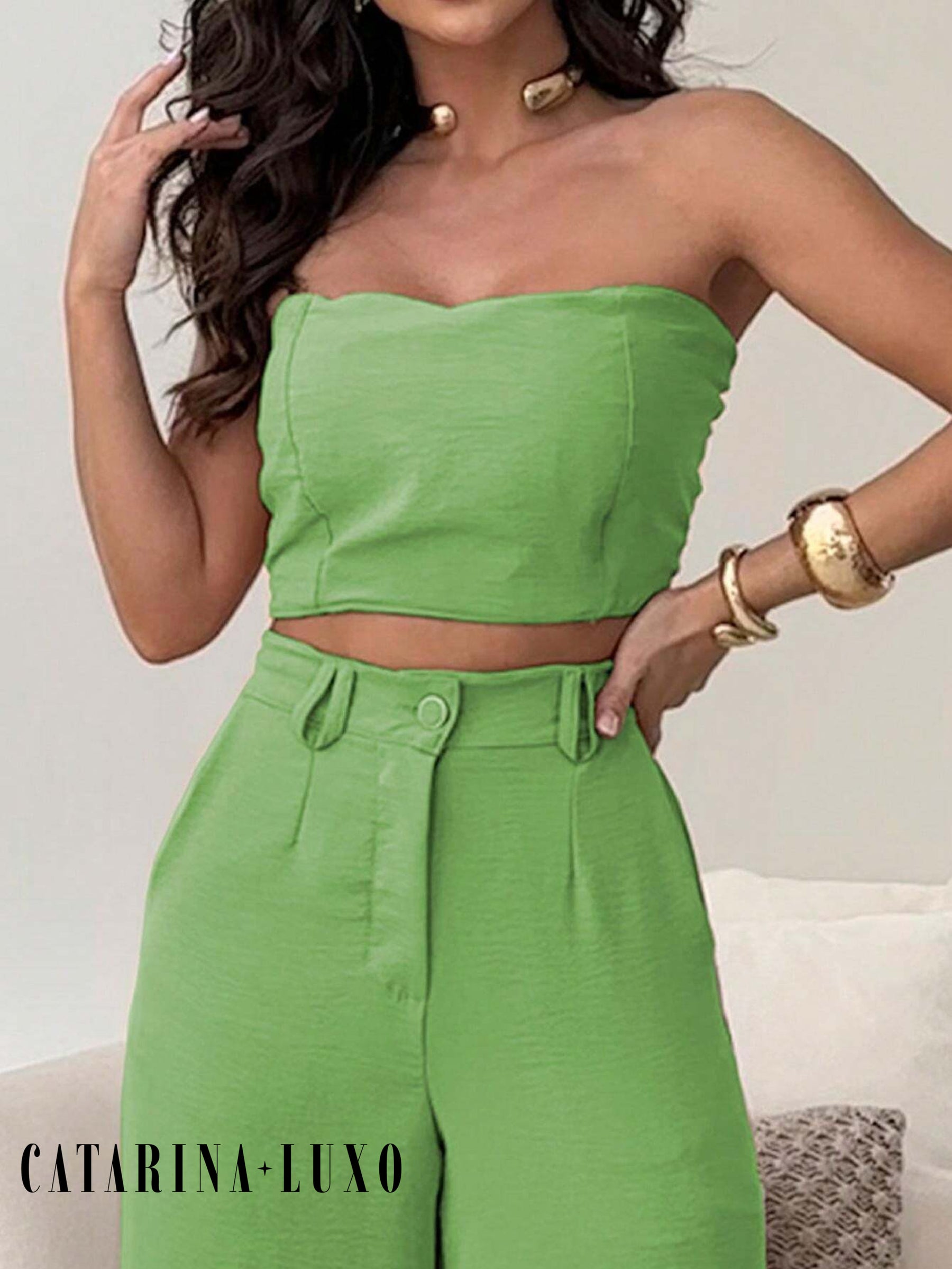 Conjunto Calça Pantalona E Cropped Tomara Que Caia Miriam