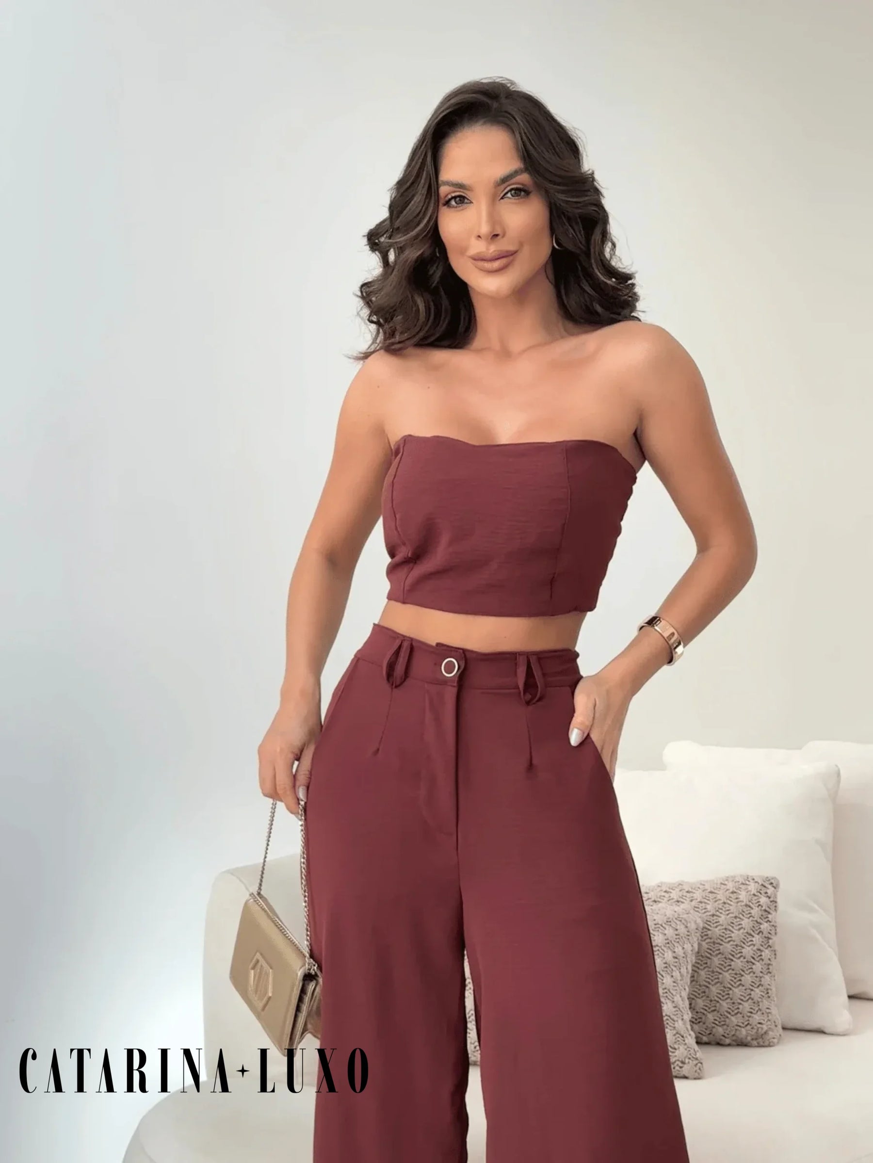 Conjunto Calça Pantalona E Cropped Tomara Que Caia Miriam