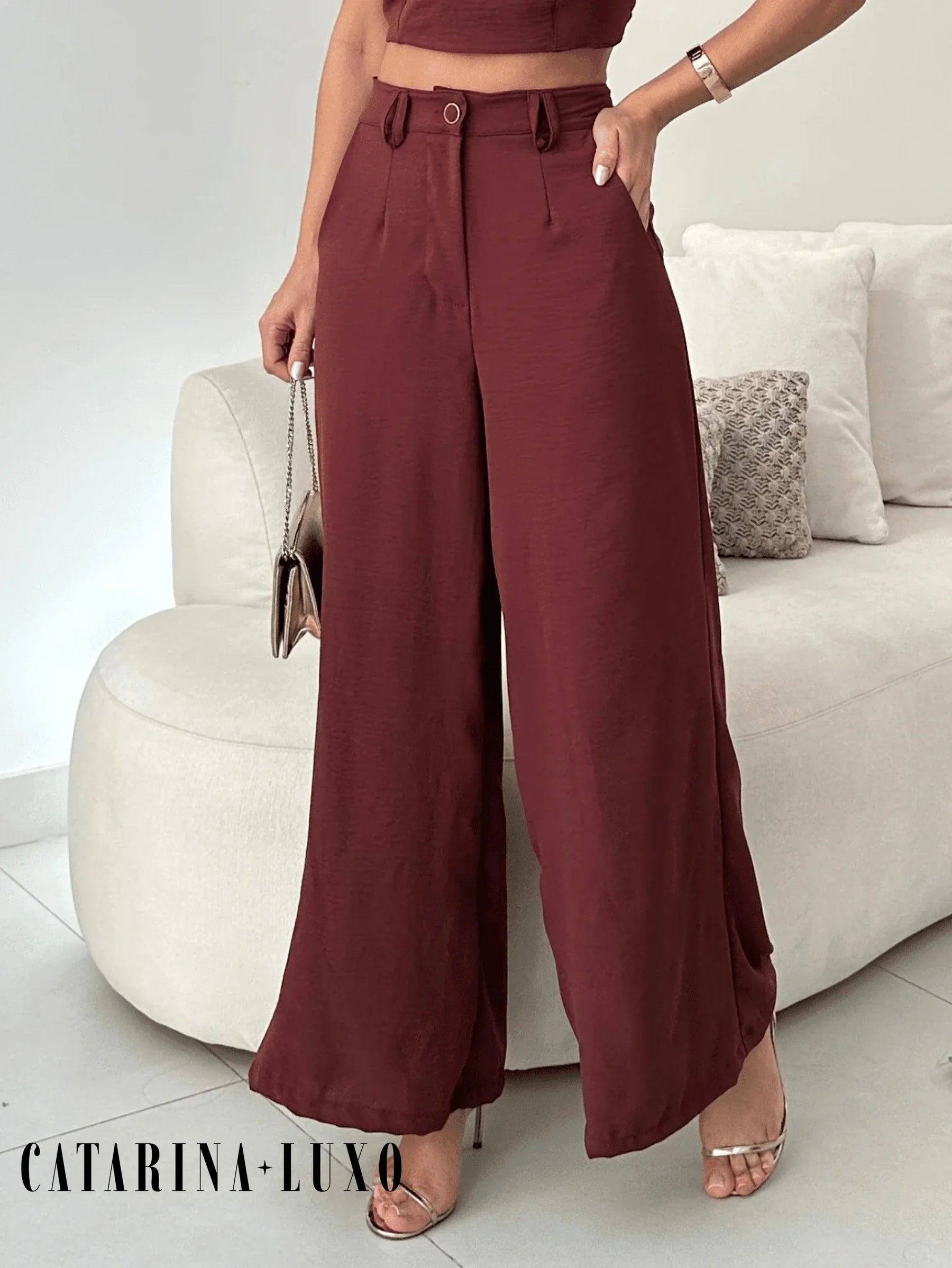Conjunto Calça Pantalona E Cropped Tomara Que Caia Miriam