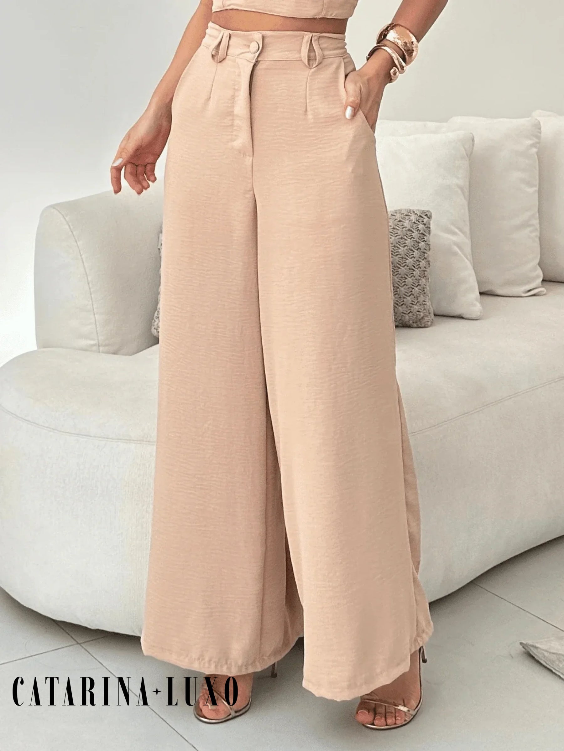 Conjunto Calça Pantalona E Cropped Tomara Que Caia Miriam