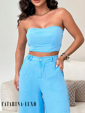 Conjunto Calça Pantalona E Cropped Tomara Que Caia Miriam