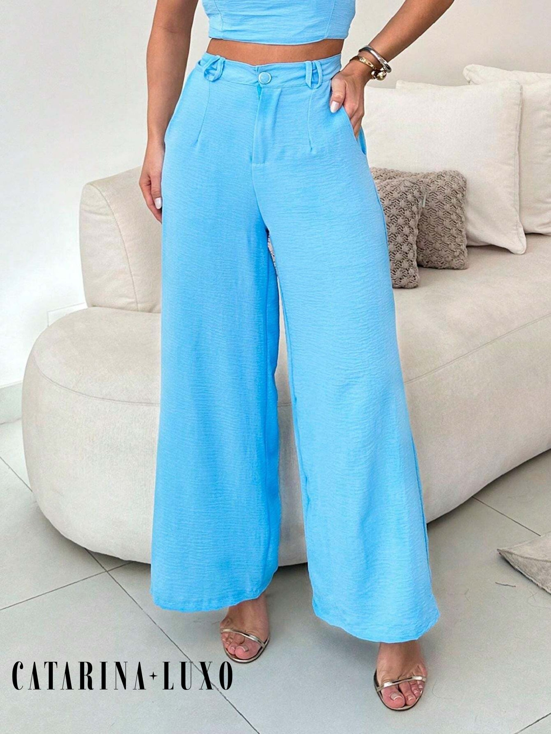 Conjunto Calça Pantalona E Cropped Tomara Que Caia Miriam