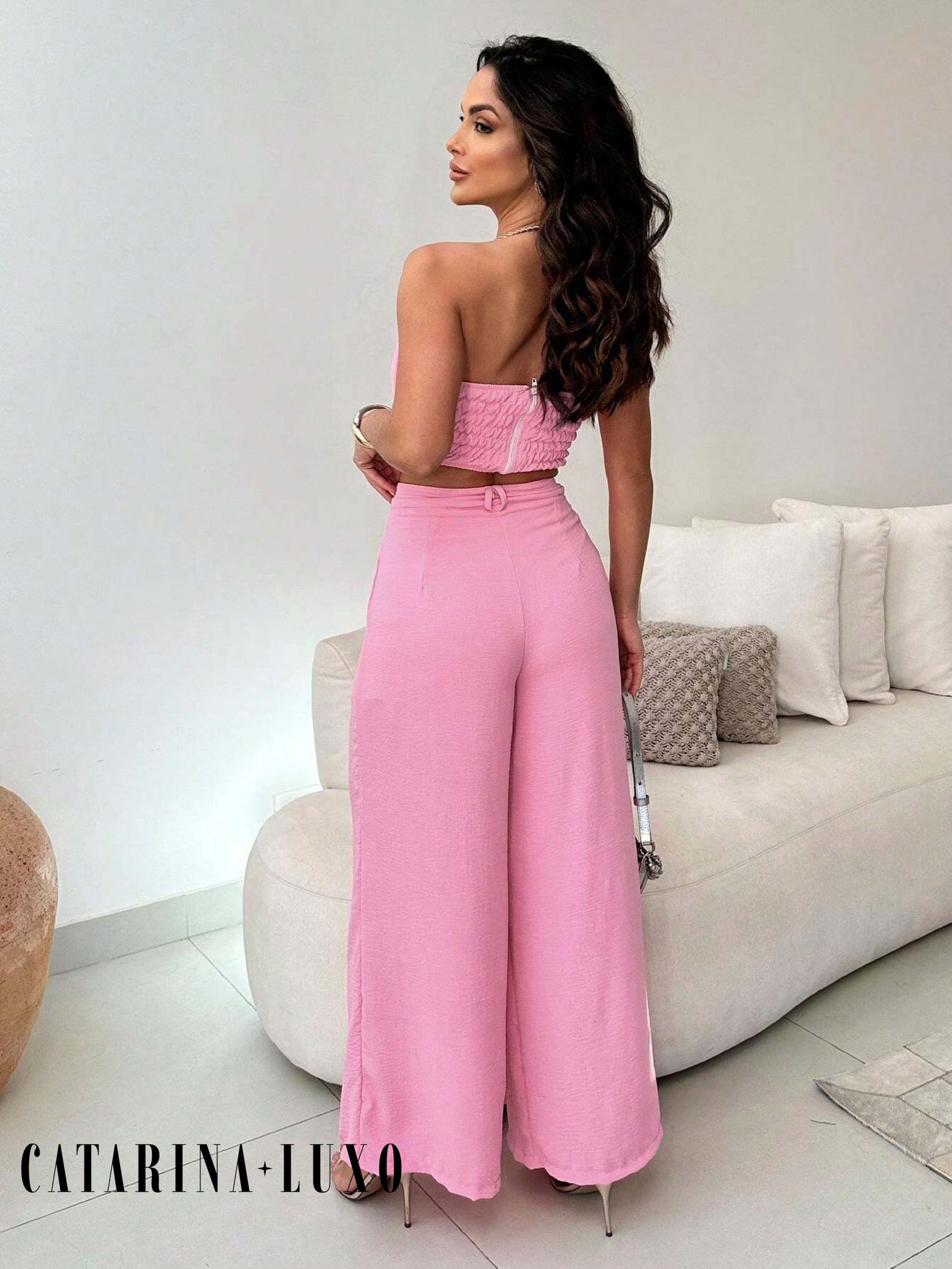 Conjunto Calça Pantalona E Cropped Tomara Que Caia Miriam