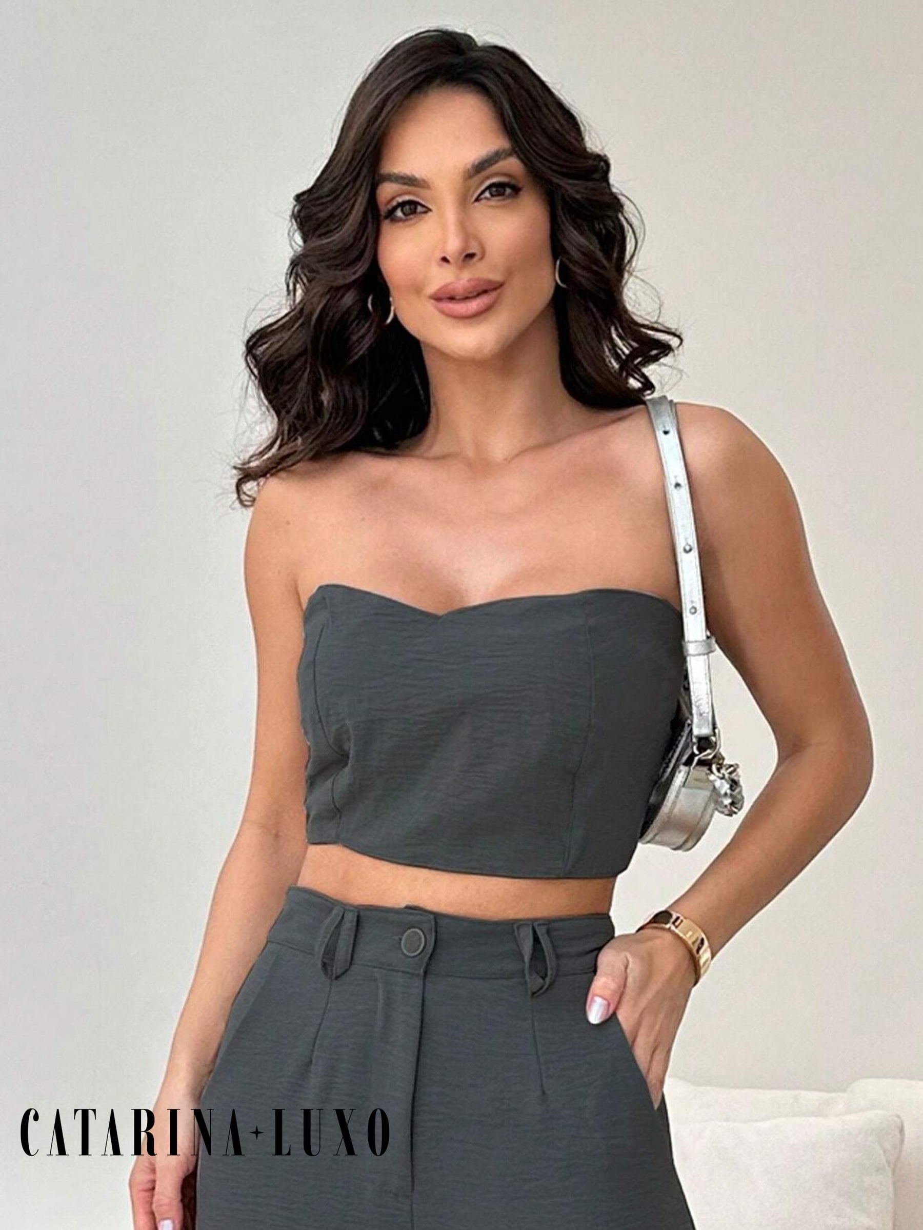 Conjunto Calça Pantalona E Cropped Tomara Que Caia Miriam