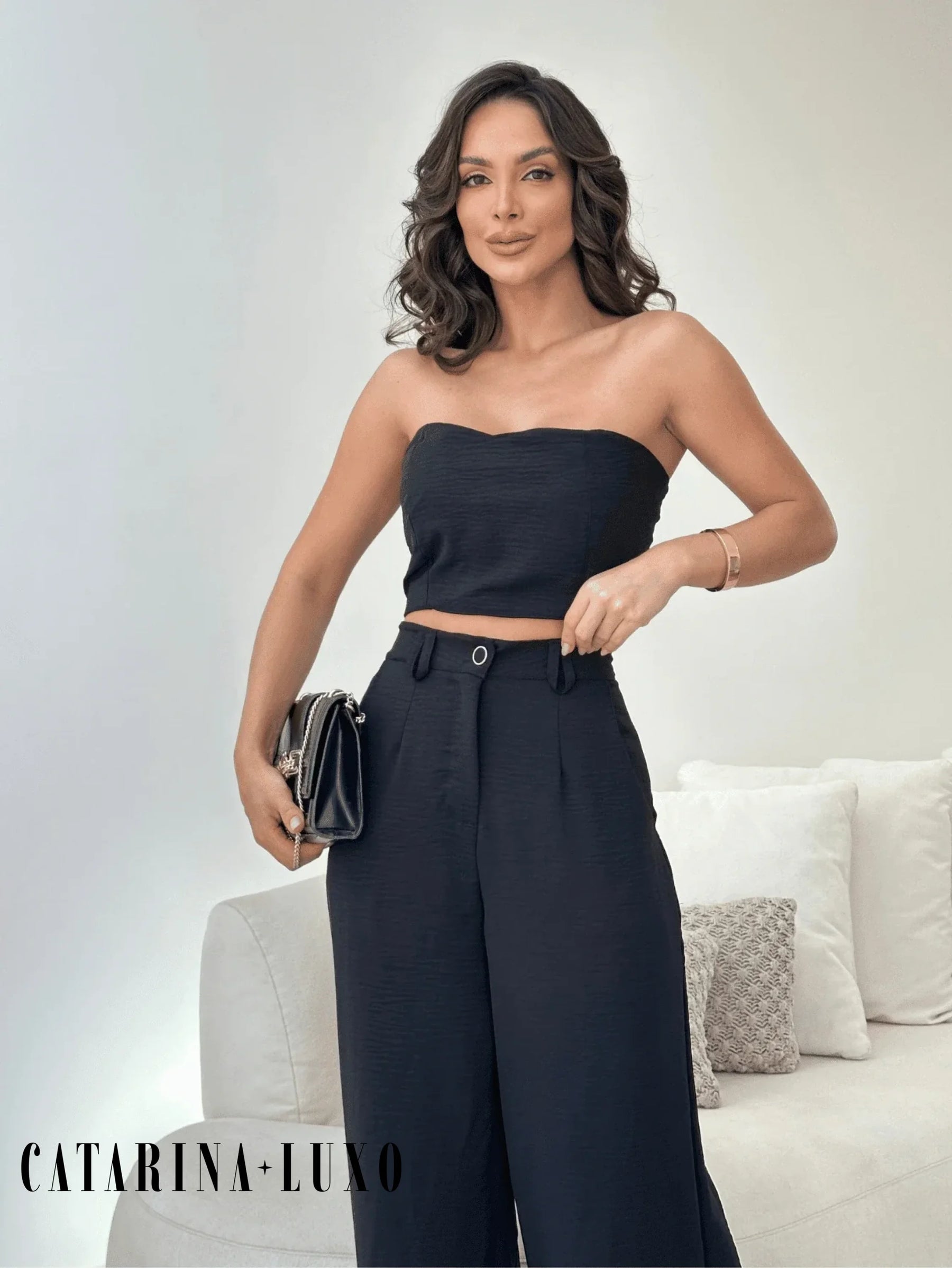 Conjunto Calça Pantalona E Cropped Tomara Que Caia Miriam