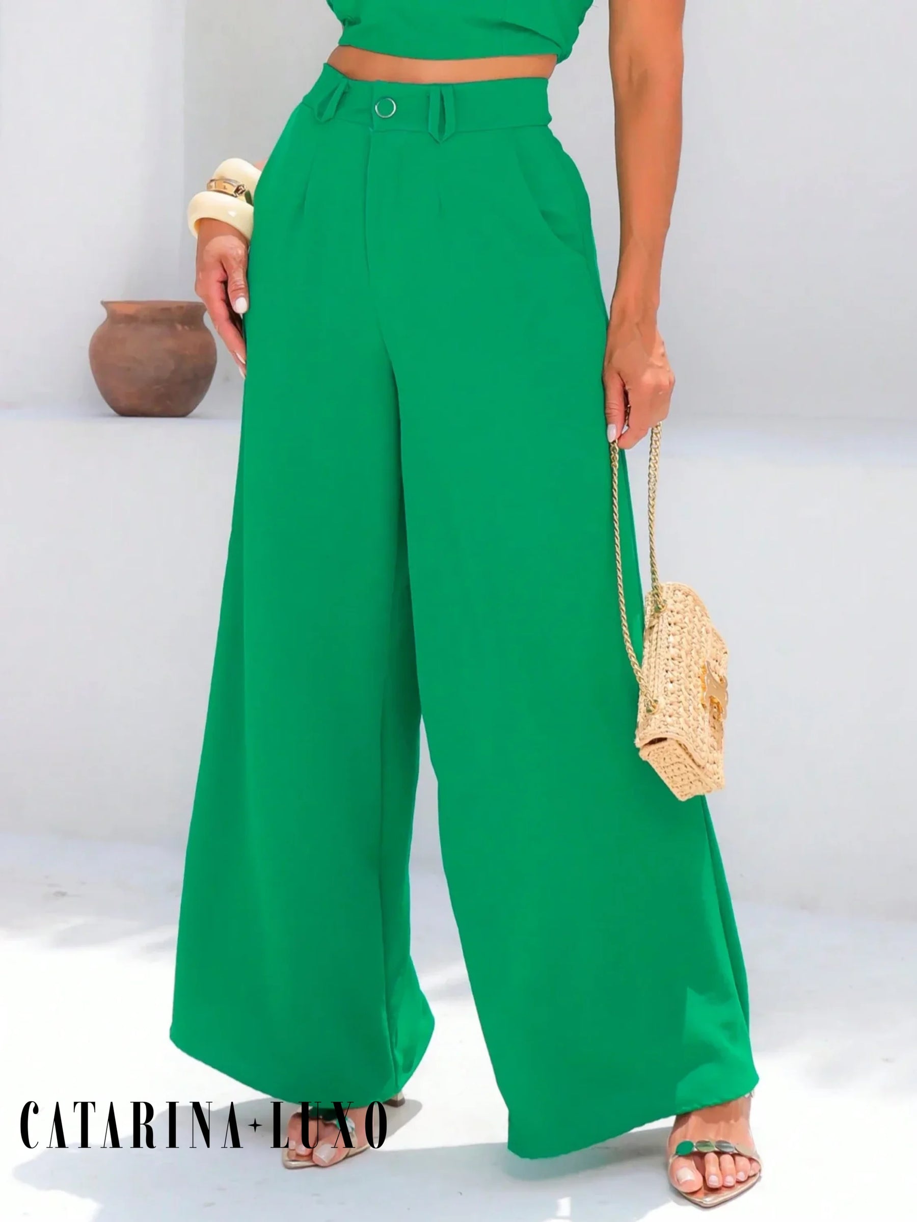 Conjunto Calça Pantalona E Cropped Tomara Que Caia Miriam