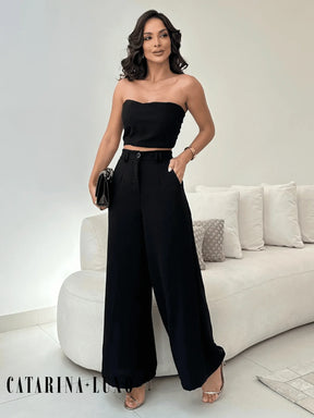 Conjunto Calça Pantalona E Cropped Tomara Que Caia Miriam