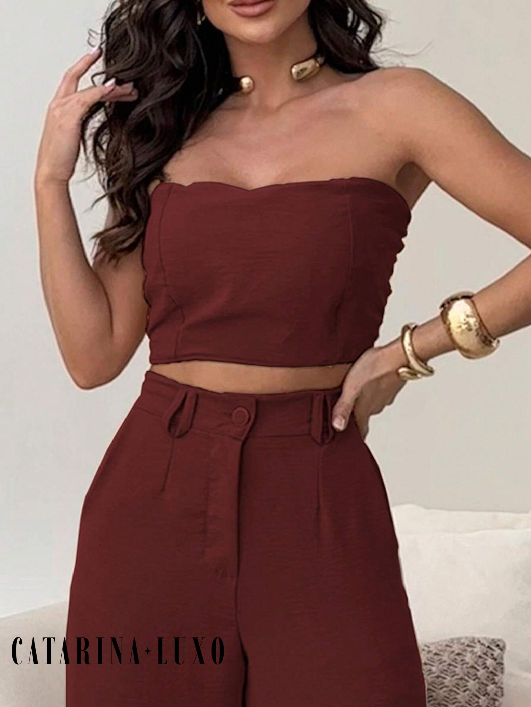 Conjunto Calça Pantalona E Cropped Tomara Que Caia Miriam