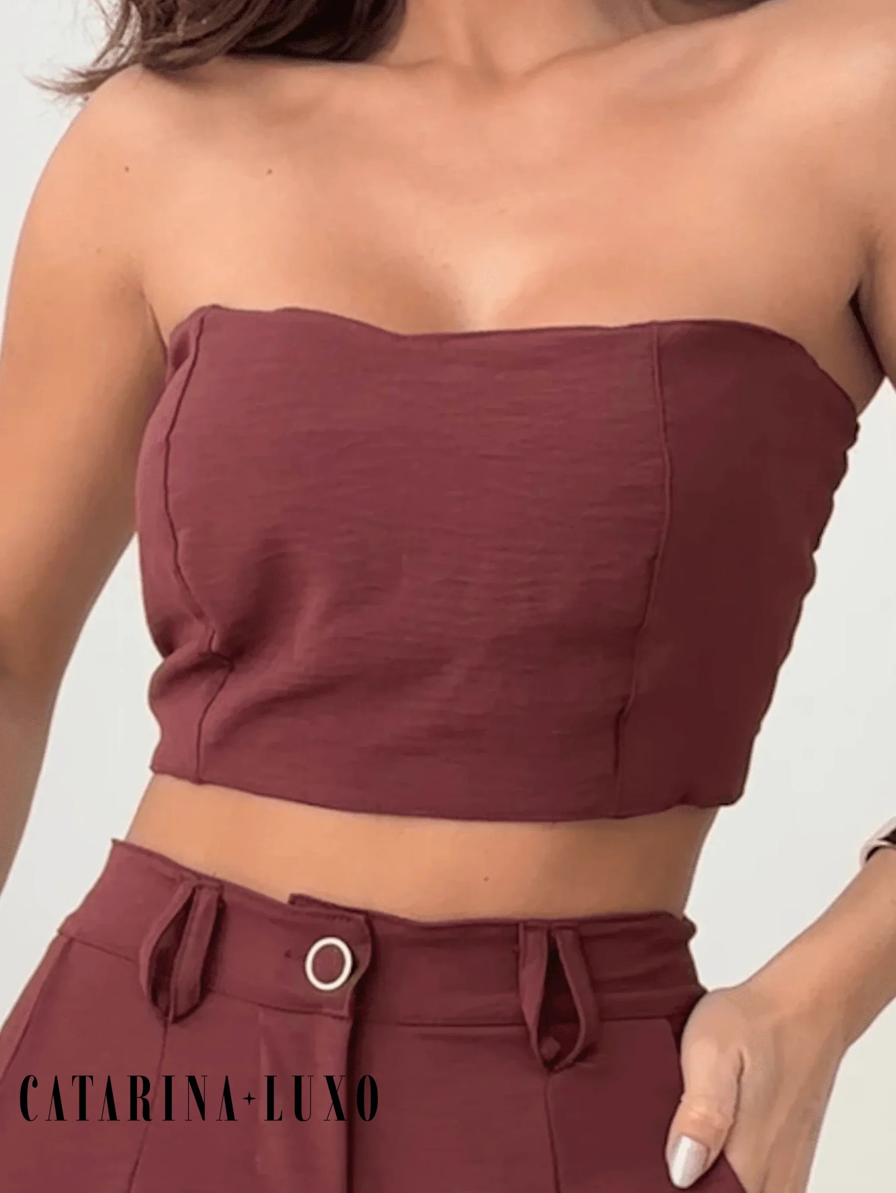 Conjunto Calça Pantalona E Cropped Tomara Que Caia Miriam